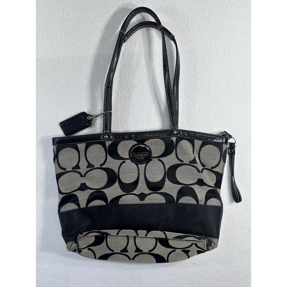 Coach Signature Zip Tote Bag Black Gray Jacquard Canvas Patent Leather F17433